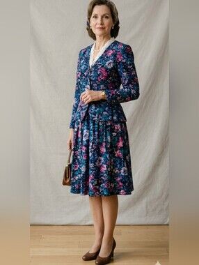 Vintage Floral Matching Set Blue Pink Lace Trim Blouse & Skirt Size L
